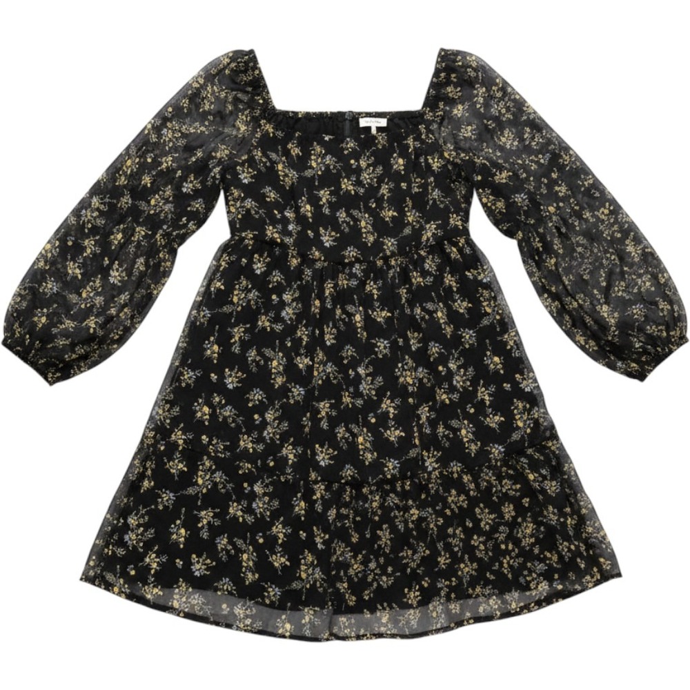 New Collection Floral Chiffon Mini Dress Womens XL Black Yellow Cottagecore Boho